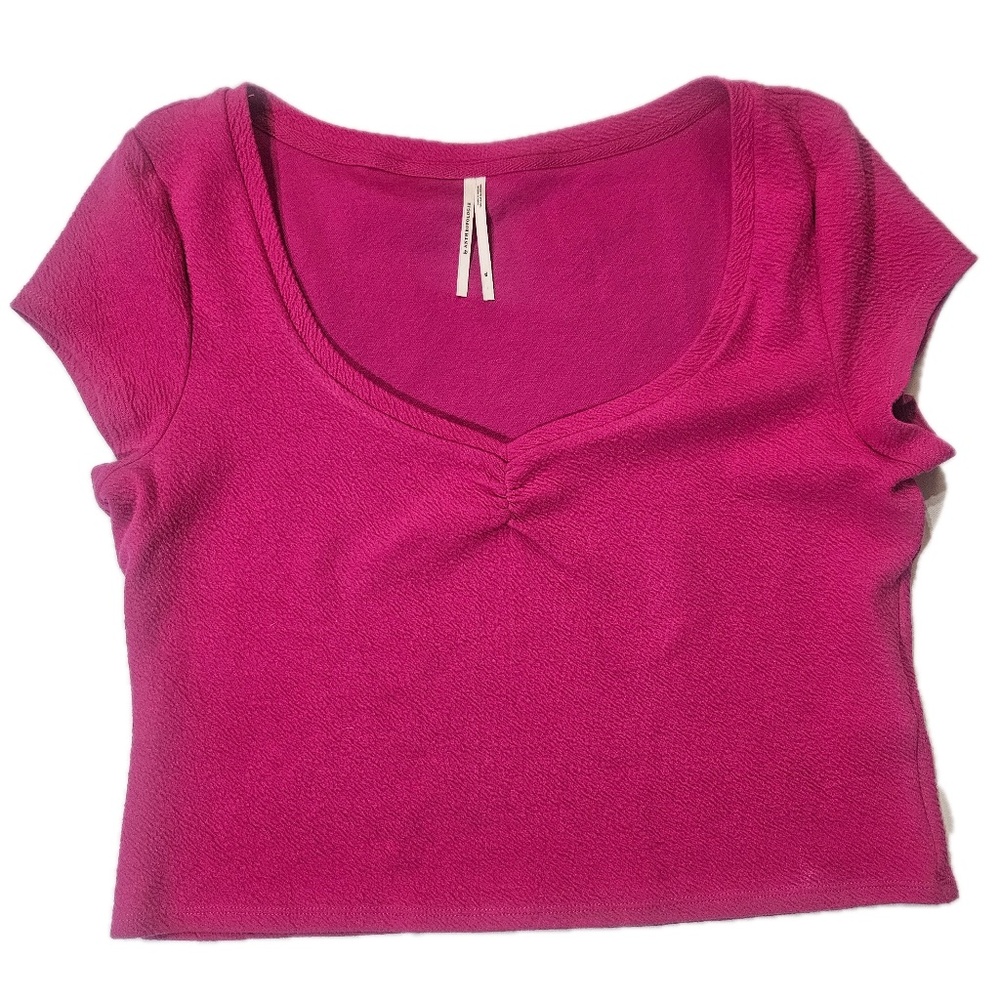 Anthropologie Shirt Womens XL Pink Textured Scoop‎ Neck Cap Sleeve Crop Top